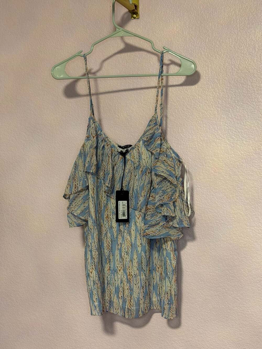 Miss Me Cold Shoulder Blouse Size L Blue Patterned Ruffle Top
